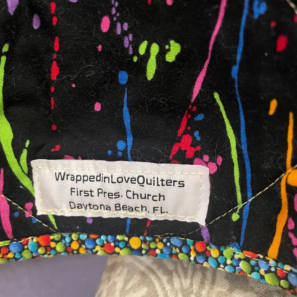Handmade Teddy Bear Quilt Neon Paint Splatter Reverse Blue Gingham crib Blanket